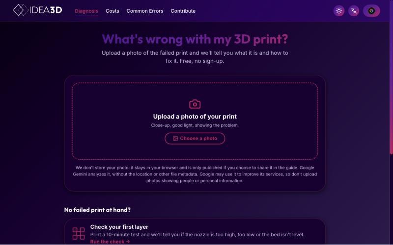 Idea 3D diagnosis page on desktop: upload a photo of the failed print