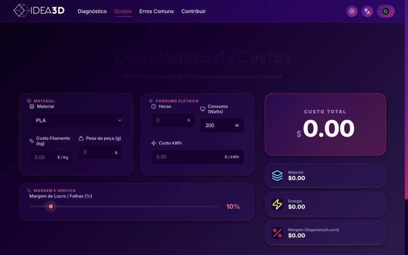 Calculadora de custos de impressão 3D com material, consumo elétrico e margem