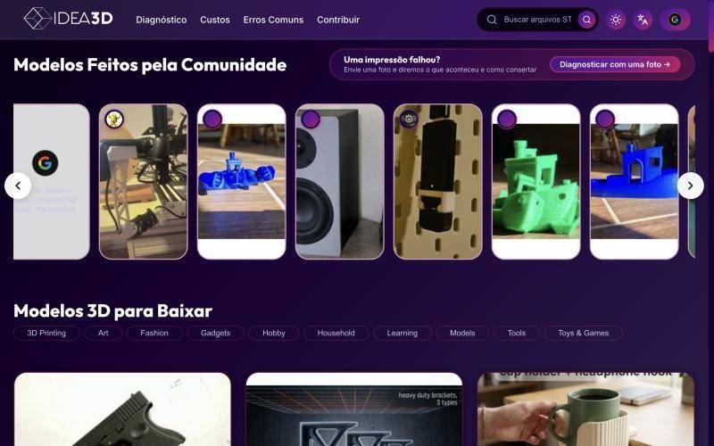 Início do Idea 3D com impressões da comunidade e modelos para baixar