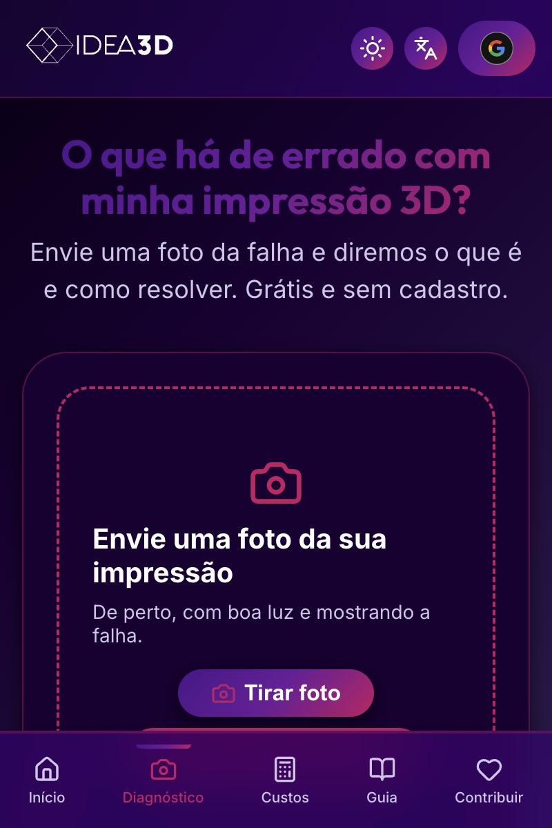 A mesma página de diagnóstico em um celular, com navegação inferior